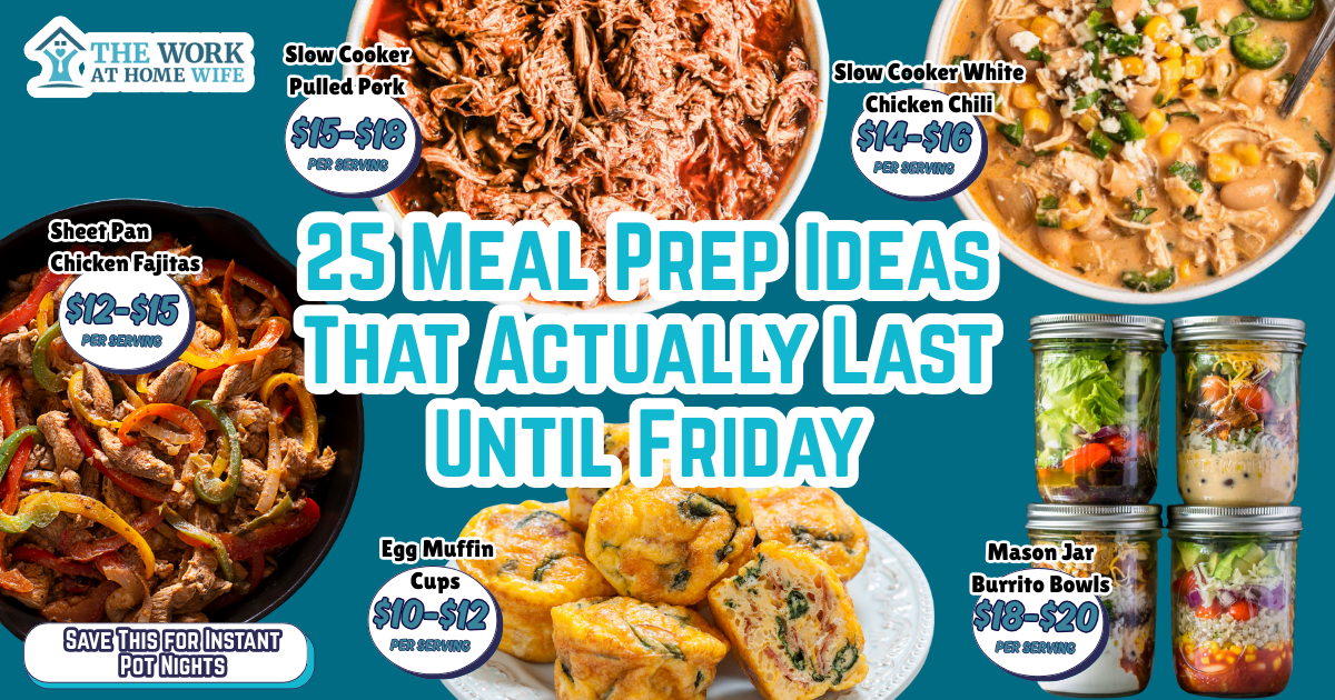 Budget meal prep ideas for families: rows of filled containers with colorful meals prepped and stacked for the whole week. Pin!